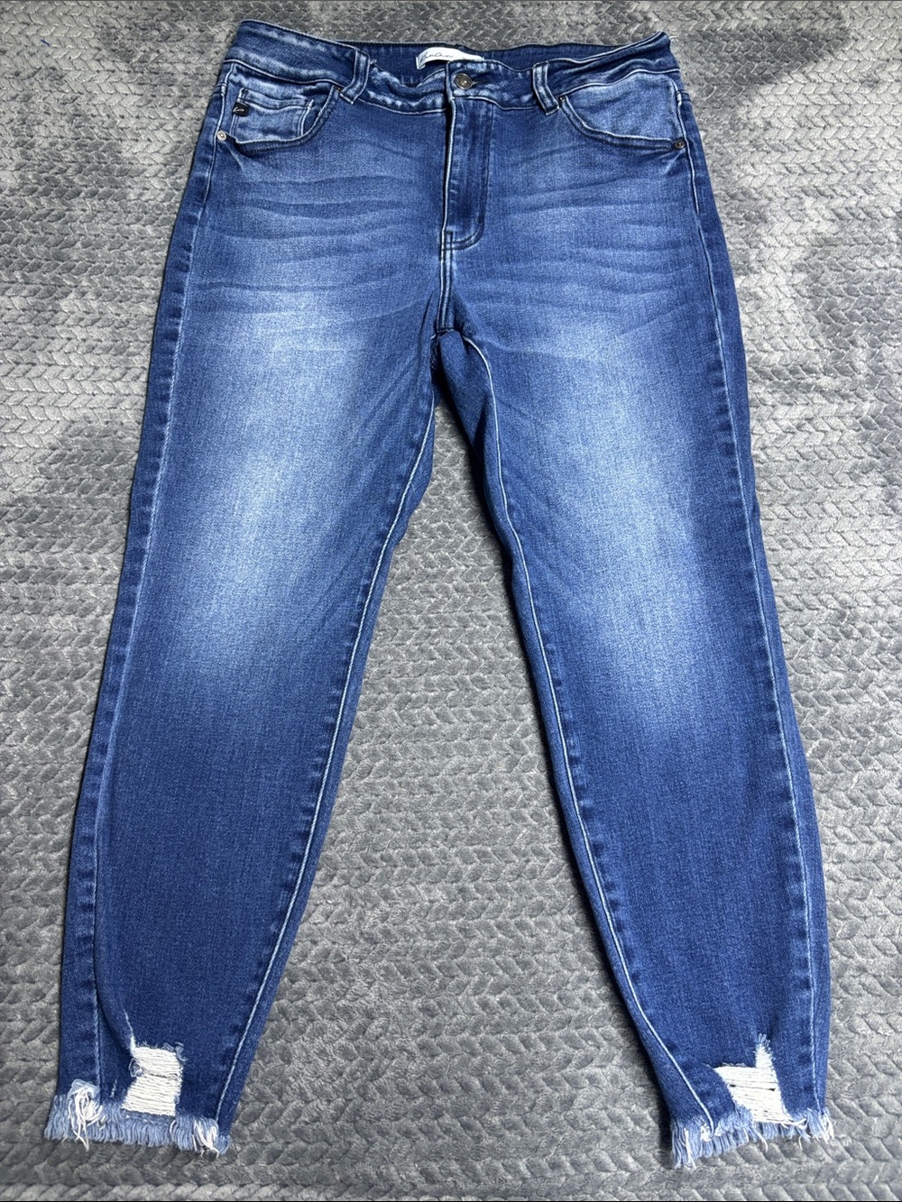KanCan Dark Blue Cropped Jeans with Frayed Ankles